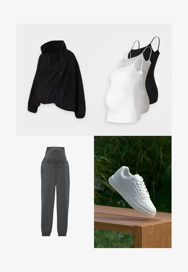 Svart fleecejakke med høy krage, glidelås foran og elastisk nederkant. Har brystlomme og sidelommer. Myk, strukturert stoff.; Tre ammetoppe til gravide i hvit, grå og svart. Elastisk stoff med justerbare spaghetti-stropper og samlede sidesømmer for komfort.; Grå fødselssweatpants med høy midje, snøring og elastiske mansjetter. Laget av mykt stoff for komfort og fleksibilitet.; Hvite sneakers med en glatt syntetisk overdel, perforert tåboks, flate snørebånd og en teksturert såle, vist på en treflate.