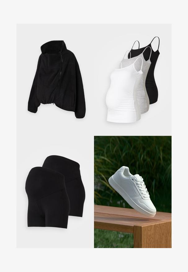Svart fleecejacka med hög krage, dragkedja fram och elastisk nederkant. Har en bröstficka och sidofickor. Mjukt, texturerat tyg.; Tre amningstoppar i vitt, grått och svart. Stretchigt tyg med justerbara spaghettiband och veckade sidseams för komfort.; Svarta stretchshorts med hög midja, som har en slät textur och en åtsittande design. Två par visas, båda identiska.; Vita sneakers med en slät syntetisk ovandel, perforerat tåparti, platta snören och en strukturerad sula, placerade på en träyta.