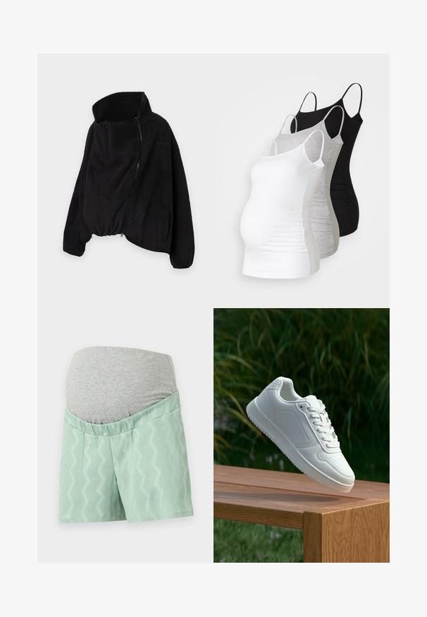 Schwarze Fleecejacke mit hohem Kragen, Reißverschluss vorne und elastischem Saum. Verfügt über eine Brusttasche und Seitentaschen. Weicher, strukturierter Stoff.; Drei Still-Tanktops in Weiß, Grau und Schwarz. Dehnbare Stoffe mit verstellbaren Spaghettiträgern und gerafften Seitennähten für zusätzlichen Komfort.; Mintgrüne Shorts mit einem strukturierten Zickzackmuster, ausgestattet mit einem grauen, dehnbaren Bund für Komfort. Sie haben eine lockere Passform und einen glatten Stoff.; Weiße Sneaker mit einem glatten, synthetischen Obermaterial, perforierter Zehenbox, flachen Schnürsenkeln und einer strukturierten Sohle, präsentiert auf einer Holzoberfläche.