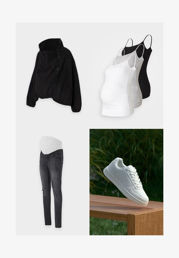 Svart fleecejakke med høy krage, glidelås foran og elastisk nederkant. Har brystlomme og sidelommer. Myk, strukturert stoff.; Tre ammetoppe til gravide i hvit, grå og svart. Elastisk stoff med justerbare spaghetti-stropper og samlede sidesømmer for komfort.; Graviditetsjeans i mørkegrå denim med en elastisk midjebånd, med slitte detaljer og en slim-fit design.; Hvite sneakers med en glatt syntetisk overdel, perforert tåboks, flate snørebånd og en teksturert såle, vist på en treflate.