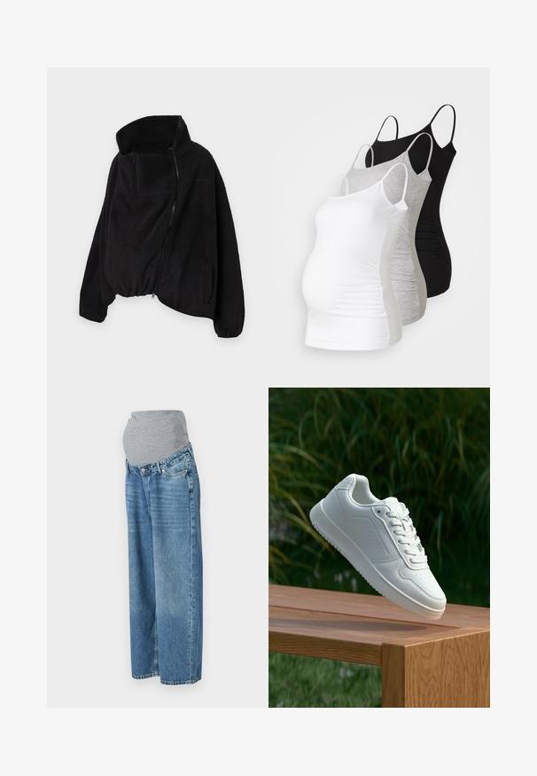 Giacca in pile nera con colletto alto, chiusura frontale con zip e orlo elastico. Dotata di una tasca sul petto e tasche laterali. Tessuto morbido e testurizzato.; Tre top premaman a canotta in bianco, grigio e nero. Tessuto elasticizzato con spalline regolabili e cuciture laterali arricciate per il massimo comfort.; Jeans premaman con una vita elasticizzata grigia e tessuto in denim blu. Design a gamba larga, vita media, con tasche frontali e un leggero effetto sbiadito.; Sneaker bianco con tomaia in sintetico liscio, punta perforata, lacci piatti e suola testurizzata, esposto su una superficie di legno.