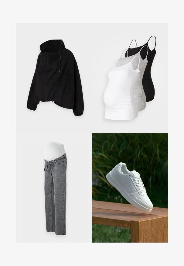Black fleece jacket with a high collar, zippered front, and elastic hem. Features a chest pocket and side pockets. Soft, textured fabric.; Three maternity tank tops in white, gray, and black. Stretchy fabric with adjustable spaghetti straps and gathered side seams for comfort.; Vero Moda Maternity VMMTESSA WIDE BELT - Relaxed fit jeans - medium grey denim; White sneaker with a smooth synthetic upper, perforated toe box, flat laces, and a textured sole, displayed on a wooden surface.