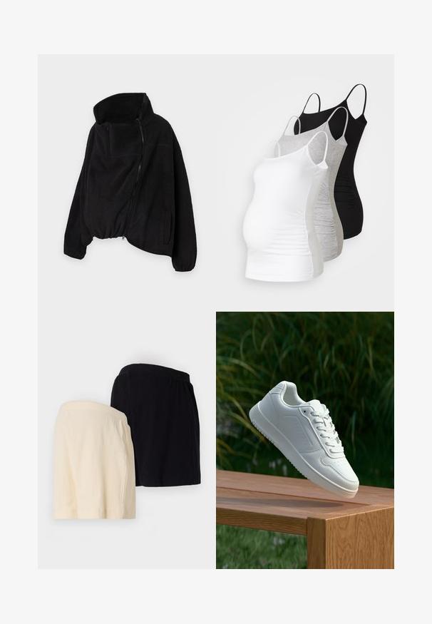 Černá fleecová bunda s vysokým límcem, zipovým předním zapínáním a elastickým lemem. Obsahuje náprsní kapsu a boční kapsy. Měkká, strukturovaná tkanina.; Tři těhotenské tílka v bílé, šedé a černé barvě. Elastická látka s nastavitelnými ramínky a nařasenými bočními švy pro pohodlí.; Dvoje plisovaných šortek: jedny krémové a jedny černé, obě s elastickým pasem a volným střihem.; Bílé tenisky s hladkým syntetickým svrškem, perforovanou špičkou, plochými tkaničkami a texturovanou podrážkou, vystavené na dřevěném povrchu.