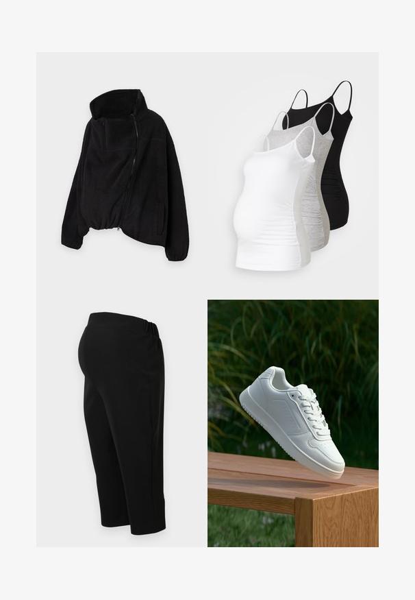 Fekete fleece dzseki magas gallérral, cipzáros elejével és rugalmas aljával. Tartalmaz egy melltáskát és oldalsó zsebeket. Puha, texturált anyag.; Három kismama tank top fehér, szürke és fekete színben. Rugalmas anyag, állítható pántokkal és beszegett oldals seams, hogy kényelmes viseletet biztosítson.; Fekete kismama nadrág, rugalmas derékkal és egyenes lábakkal, oldalnézetből látható, fehér háttér előtt.; Fehér sportcipő sima szintetikus felsőrésszel, perforált lábujjrész, lapos fűzőkkel és texturált talppal, fából készült felületen kihelyezve.