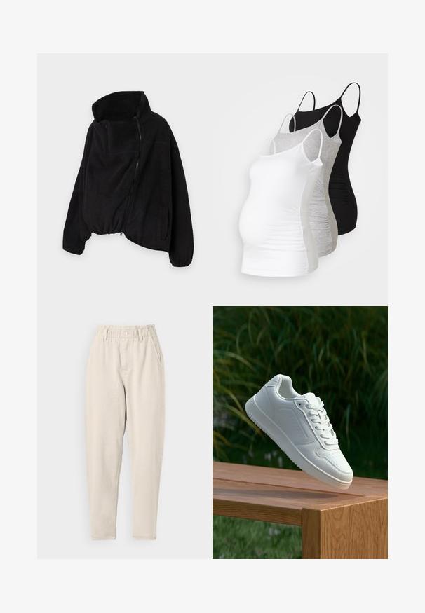 Mustat fleece-takki, jossa on korkea kaulus, vetoketjulla varustettu etuosa ja joustava helma. Sisältää rintataskun ja sivutaskut. Pehmeä, teksturoitu kangas.; Kolme äitiystoppia valkoisena, harmaana ja mustana. Venytettävä kangas, säädettävät olkaimet ja rypytetyt sivusaumat mukavuutta varten.; Kahvilan väriset korkeavyötäröiset housut pehmeästä kankaasta, joissa on sivutaskut, napitus ja rento istuvuus. Sileä pinta ja kapenevat lahkeet.; Valkoiset tennarit, joissa on sileä synteettinen päällinen, rei'itetty varvasosa, litteät nauhat ja teksturoitu pohja, esillä puupinnalla.