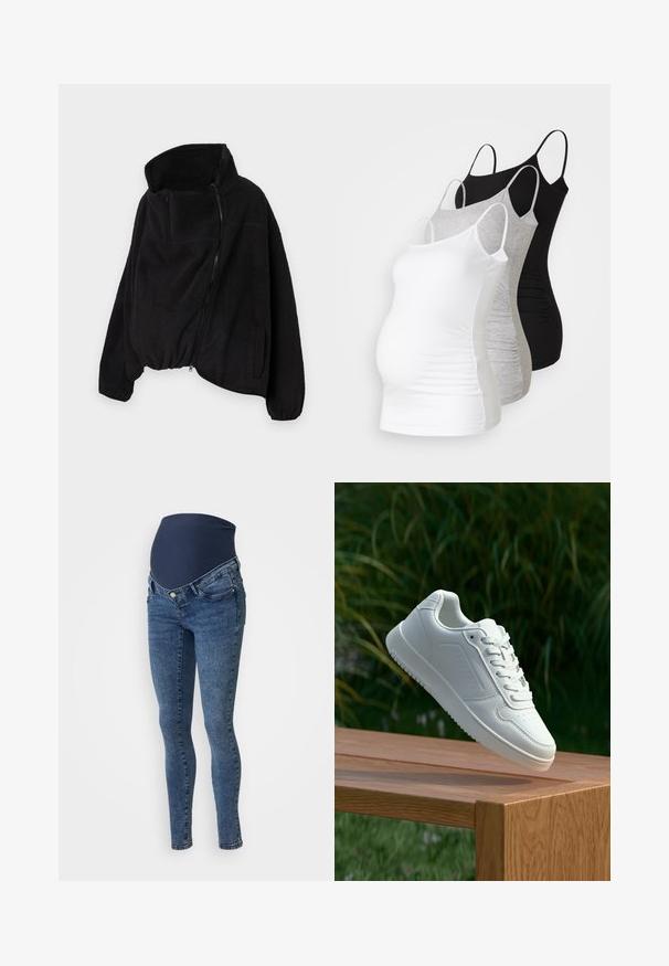 Svart fleecejakke med høy krage, glidelås foran og elastisk nederkant. Har brystlomme og sidelommer. Myk, strukturert stoff.; Tre ammetoppe til gravide i hvit, grå og svart. Elastisk stoff med justerbare spaghetti-stropper og samlede sidesømmer for komfort.; Graviditetsjeans i mørk blå denim med en myk, elastisk midjebånd. Slim fit ben og en klassisk fem-lomme design.; Hvite sneakers med en glatt syntetisk overdel, perforert tåboks, flate snørebånd og en teksturert såle, vist på en treflate.