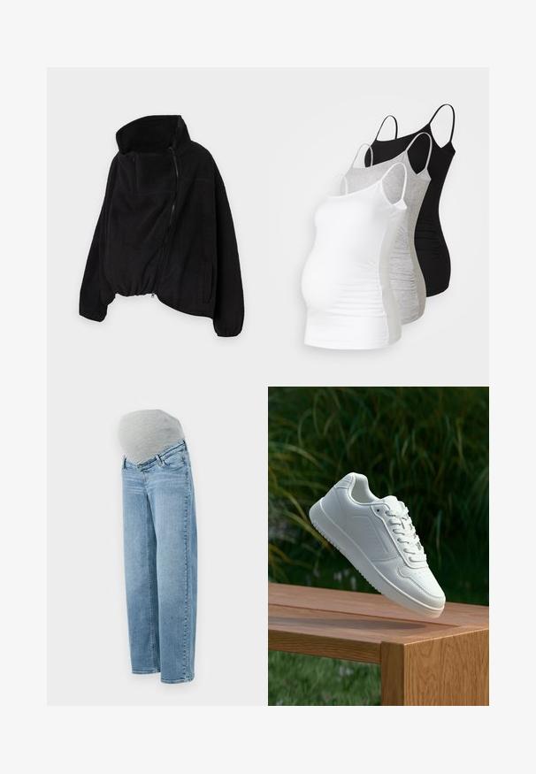 Juodas vilnonis džemperis su aukšta apykakle, užtrauktuku priekyje ir elastingu gale. Yra krūtinės kišenė ir šoninės kišenės. Minkšta, tekstūruota medžiaga.; Trys nėštumo marškiniai be rankovių – balti, pilki ir juodi. Tampri medžiaga su reguliuojamomis petnešėlėmis ir susiraukšlėjusiomis šoninėmis siūlėmis, užtikrinančiomis komfortą.; Nėštumo džinsai su šviesiai mėlyna skalbimo spalva, laisvas kirpimas ir pilkos spalvos elastinė juosta pilvo srityje, užtikrinanti komfortą ir lankstumą nėštumo metu.; Balti sneakeriai su lygia sintetine viršutine dalimi, perforuota pirštų zona, plokščiomis raištelėmis ir tekstūruotu padu, padėti ant medinės paviršiaus.