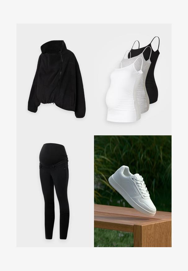 Črna flis jakna z visokim ovratnikom, zadrgo spredaj in elastičnim robom. Ima žep na prsih in stranske žepe. Mehka, teksturirana tkanina.; Tri materinski topi brez rokavov v beli, sivi in črni barvi. Raztegljiv material z nastavljivimi naramnicami in nabranimi stranskimi šivi za udobje.; Črne nosečniške kavbojke z raztegljivim pasom nad trebuščkom, ožjega kroja in sprednjimi žepi z gladko teksturo.; Bela teniska s gladkim sintetičnim zgornjim delom, perforiranim prednjim delom, ravnimi vezalkami in teksturiranim podplatom, prikazana na leseni površini.