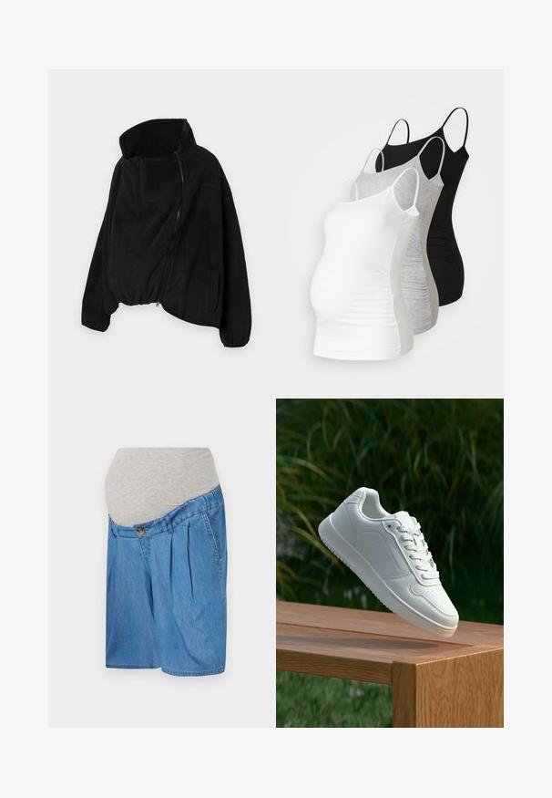 Crna flis jakna s visokim ovratnikom, prednjim patentnim zatvaračem i elastičnom donjom rubom. Ima džep na prsima i bočne džepove. Mekana, teksturirana tkanina.; Tri majice za trudnice bez rukava u bijeloj, sivoj i crnoj boji. Elastični materijal s podesivim trakama i naboranim bočnim šavovima za udobnost.; Traperice za trudnice, kratke hlače svijetloplave boje, siva elastična pamučna traka u struku, naglašene nabranim detaljima i dugmadi, s glatkom teksturom.; Bijela tenisica sa glatkim sintetičkim gornjim dijelom, perforiranim prednjim dijelom, ravnim vezicama i teksturiranom potplatom, prikazana na drvenoj površini.