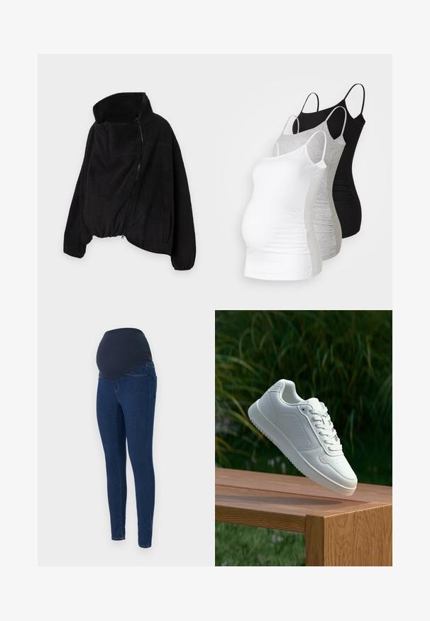 Crna flis jakna s visokim ovratnikom, prednjim patentnim zatvaračem i elastičnom donjom rubom. Ima džep na prsima i bočne džepove. Mekana, teksturirana tkanina.; Tri majice za trudnice bez rukava u bijeloj, sivoj i crnoj boji. Elastični materijal s podesivim trakama i naboranim bočnim šavovima za udobnost.; Trudničke traperice u tamnoplavom denimu, s rastezljivim tamnim pojasom i slim fit dizajnom s džepovima.; Bijela tenisica sa glatkim sintetičkim gornjim dijelom, perforiranim prednjim dijelom, ravnim vezicama i teksturiranom potplatom, prikazana na drvenoj površini.