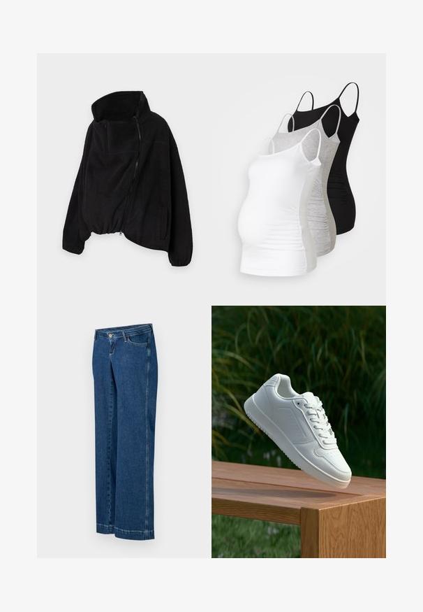 Črna flis jakna z visokim ovratnikom, zadrgo spredaj in elastičnim robom. Ima žep na prsih in stranske žepe. Mehka, teksturirana tkanina.; Tri materinski topi brez rokavov v beli, sivi in črni barvi. Raztegljiv material z nastavljivimi naramnicami in nabranimi stranskimi šivi za udobje.; Široke jeans hlače iz modrega denima z značilnim pet-pocket dizajnom, zadrgo in gumbnim zapiranjem ter vidnimi šivi.; Bela teniska s gladkim sintetičnim zgornjim delom, perforiranim prednjim delom, ravnimi vezalkami in teksturiranim podplatom, prikazana na leseni površini.