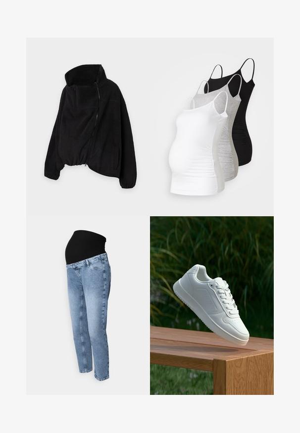 Casaco de fleece preto com colarinho alto, fecho zip e parte inferior elástica. Apresenta um bolso no peito e bolsos laterais. Tecido suave e texturizado.; Três tops de maternidade sem mangas em branco, cinza e preto. Tecido elástico com alças ajustáveis e costuras laterais franzidas para maior conforto.; Jeans de maternidade com uma cintura elástica preta e denim azul claro. Design de perna reta com estilo clássico de cinco bolsos e lavagem desbotada.; Sapatilha branca com um cabedal sintético liso, caixa dos dedos perfurada, atacadores planos e uma sola texturizada, exposta sobre uma superfície de madeira.