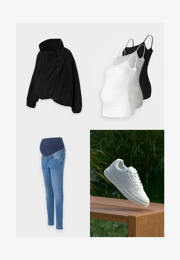 Black fleece jacket with a high collar, zippered front, and elastic hem. Features a chest pocket and side pockets. Soft, textured fabric.; Three maternity tank tops in white, gray, and black. Stretchy fabric with adjustable spaghetti straps and gathered side seams for comfort.; Maternity jeans with a blue elastic waistband and slim-fit legs, made from light blue denim with subtle fading and standard back pockets.; White sneaker with a smooth synthetic upper, perforated toe box, flat laces, and a textured sole, displayed on a wooden surface.