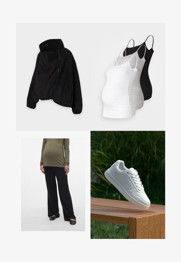 Fekete fleece dzseki magas gallérral, cipzáros elejével és rugalmas aljával. Tartalmaz egy melltáskát és oldalsó zsebeket. Puha, texturált anyag.; Három kismama tank top fehér, szürke és fekete színben. Rugalmas anyag, állítható pántokkal és beszegett oldals seams, hogy kényelmes viseletet biztosítson.; Olíva zöld kismama felső, hosszú ujjú, deréknál összegyűrve, fekete bő szárú nadrággal párosítva. Lábbelik: fekete slip-on cipők.; Fehér sportcipő sima szintetikus felsőrésszel, perforált lábujjrész, lapos fűzőkkel és texturált talppal, fából készült felületen kihelyezve.