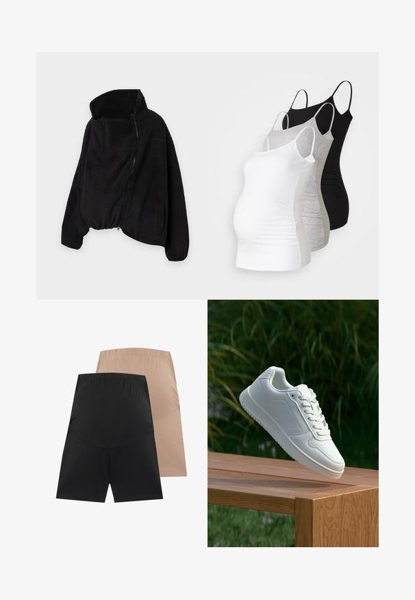 Svart fleecejakke med høy krage, glidelås foran og elastisk nederkant. Har brystlomme og sidelommer. Myk, strukturert stoff.; Tre ammetoppe til gravide i hvit, grå og svart. Elastisk stoff med justerbare spaghetti-stropper og samlede sidesømmer for komfort.; To par med stretchshorts: ett par svart och ett par nude. Begge har en bred elastisk midje og en glat, blød tekstur.; Hvite sneakers med en glatt syntetisk overdel, perforert tåboks, flate snørebånd og en teksturert såle, vist på en treflate.