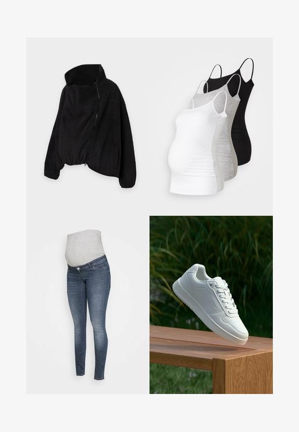 Must lähedane fliisjakk kõrge kaelusega, lukuga ees ja elastse äärisega. Omab rinnataskut ja küljetaskuid. Pehme, tekstuuriga kangas.; Kolm emme tank topi valges, hallis ja mustas värvitoonis. Veniv kangas, reguleeritavad õhuke rihmad ja mugavuse tagavad volditud külgseemed.; Tumed sinised rasedusretuusid pehme halli džerseririkaga mugavuse tagamiseks, klassikalise viie taskuga disain ja kerge kulumine.; Valged sneakerd, millel on sile sünteetiline ülemine osa, väikeste aukudega varvaskast, lamedad paelad ja tekstuuriga tald, eksponeeritud puidust pinnal.