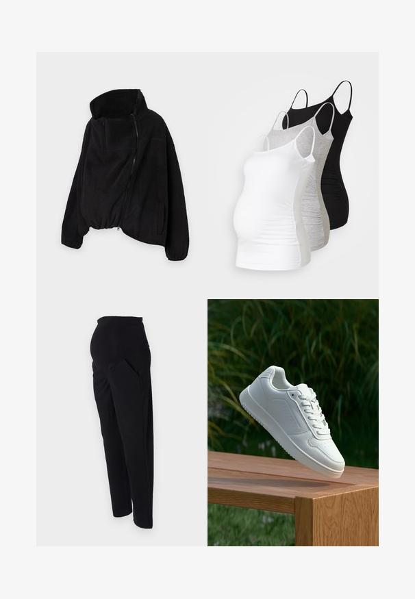 Zwarte fleecejas met een hoge kraag, ritssluiting aan de voorkant en elastische zoom. Beschikt over een borstzak en zijzakken. Zacht, gestructureerd materiaal.; Drie zwangerschaps tanktops in het wit, grijs en zwart. Rekbare stof met verstelbare spaghettibandjes en geplooide naden aan de zijkanten voor extra comfort.; Zwarte zwangerschapsbroek met een hoge, rekbare tailleband, zijzakken en taps toelopende pijpen. Gemaakt van zachte, comfortabele stof.; Witte sneaker met een gladde synthetische bovenkant, geperforeerde neus, platte veters en een gestructureerde zool, tentoongesteld op een houten oppervlak.