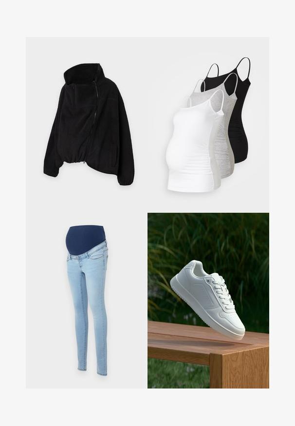 Črna flis jakna z visokim ovratnikom, zadrgo spredaj in elastičnim robom. Ima žep na prsih in stranske žepe. Mehka, teksturirana tkanina.; Tri materinski topi brez rokavov v beli, sivi in črni barvi. Raztegljiv material z nastavljivimi naramnicami in nabranimi stranskimi šivi za udobje.; Materinske kavbojke v svetlo modrem denimu z raztegljivim modrim pasom. Oblika prilega se nogam z dvema sprednjima žepoma in subtilnimi šivi.; Bela teniska s gladkim sintetičnim zgornjim delom, perforiranim prednjim delom, ravnimi vezalkami in teksturiranim podplatom, prikazana na leseni površini.