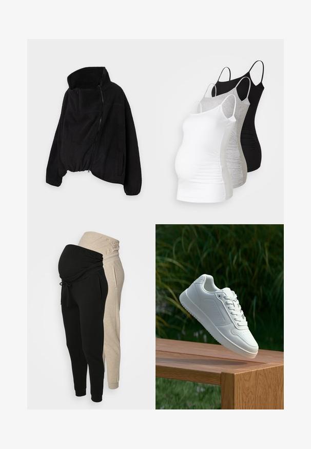 Svart fleecejacka med hög krage, dragkedja fram och elastisk nederkant. Har en bröstficka och sidofickor. Mjukt, texturerat tyg.; Tre amningstoppar i vitt, grått och svart. Stretchigt tyg med justerbara spaghettiband och veckade sidseams för komfort.; Graviditetsbyxor i svart och ljusbeige. Mjuk tyg, elastisk midja, dragsnöre, avsmalnande ben och sidofickor.; Vita sneakers med en slät syntetisk ovandel, perforerat tåparti, platta snören och en strukturerad sula, placerade på en träyta.