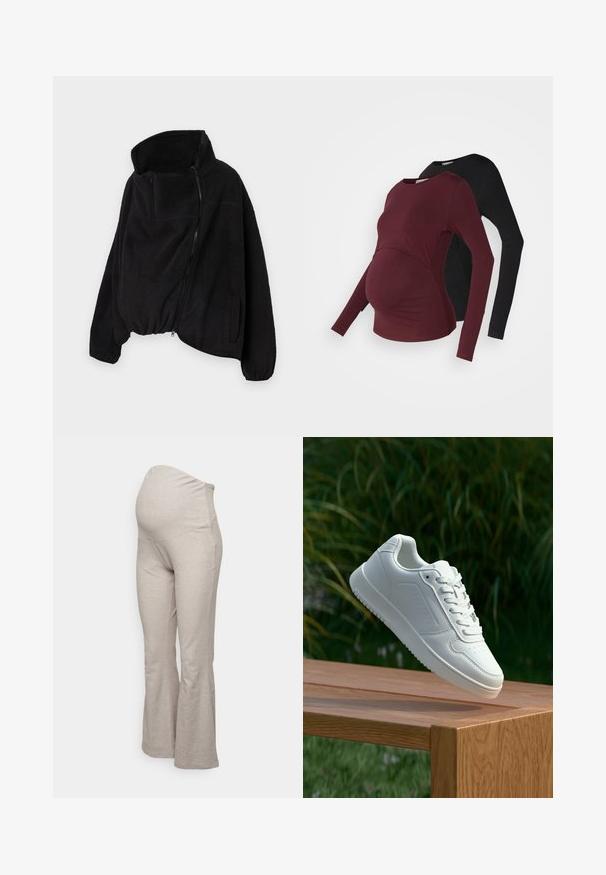 Black fleece jacket with a high collar, zippered front, and elastic hem. Features a chest pocket and side pockets. Soft, textured fabric.; Maternity long-sleeve tops in burgundy and black. Soft fabric with a curved front design for stretch. Round necklines and fitted sleeves.; Maternity flared pants in light beige ribbed fabric, featuring a supportive waistband and a relaxed fit through the legs.; White sneaker with a smooth synthetic upper, perforated toe box, flat laces, and a textured sole, displayed on a wooden surface.