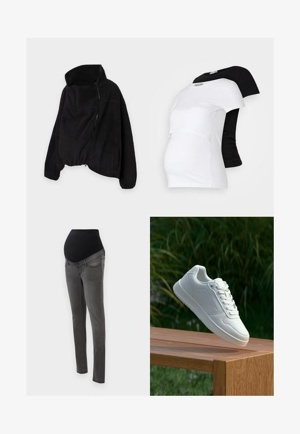 Mustat fleece-takki, jossa on korkea kaulus, vetoketjulla varustettu etuosa ja joustava helma. Sisältää rintataskun ja sivutaskut. Pehmeä, teksturoitu kangas.; Musta ja valkoinen äitiys T-paidat, lyhyet hihat, pehmeää puuvillamateriaalia, joissa on kerroksellinen muotoilu ja rypistetty osa kasvavalle vatsalle.; Raskouluousut raskaana oleville, joissa on musta joustava vyötärö, harmaa denimi, kapeamuotoinen malli ja taskut. Keskitytään sileään pintaan ja siisteihin linjoihin.; Valkoiset tennarit, joissa on sileä synteettinen päällinen, rei'itetty varvasosa, litteät nauhat ja teksturoitu pohja, esillä puupinnalla.