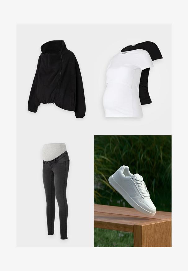Fekete fleece dzseki magas gallérral, cipzáros elejével és rugalmas aljával. Tartalmaz egy melltáskát és oldalsó zsebeket. Puha, texturált anyag.; Fekete és fehér várandós pólók, rövid ujjal, puha pamut anyagból, rétegezett kialakítással, amelyben gyűrt rész található a növekvő pocak számára.; Sötét szürke farmer anyasági nadrág puha, szürke rugalmas derékpánttal a kényelem érdekében. Karcsú szabás, hagyományos zsebekkel.; Fehér sportcipő sima szintetikus felsőrésszel, perforált lábujjrész, lapos fűzőkkel és texturált talppal, fából készült felületen kihelyezve.