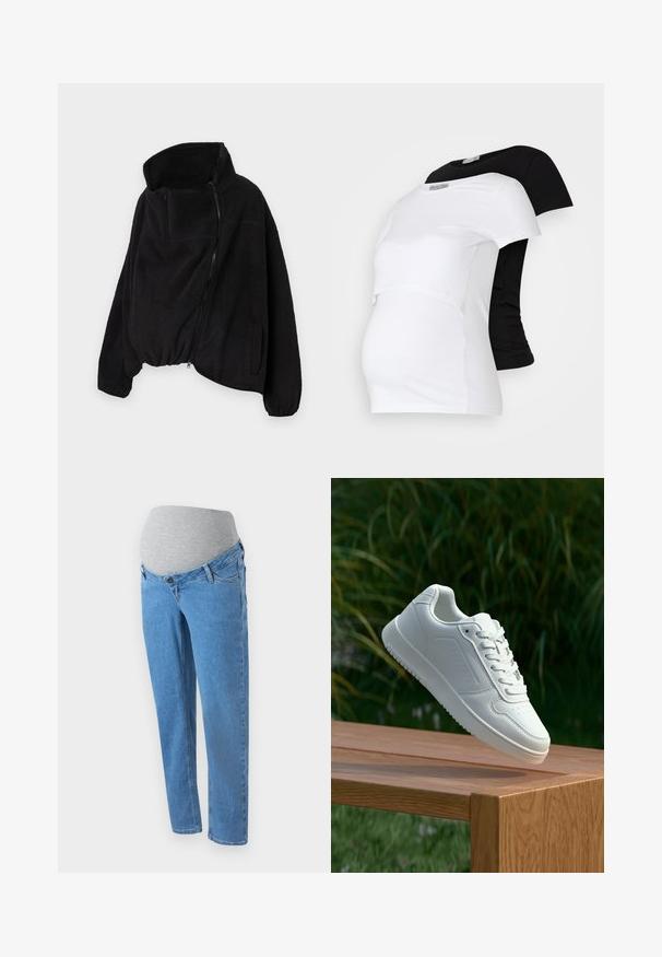 Crna flis jakna s visokim ovratnikom, prednjim patentnim zatvaračem i elastičnom donjom rubom. Ima džep na prsima i bočne džepove. Mekana, teksturirana tkanina.; Crno-bijeli majice za trudnice, kratki rukavi, mekani pamučni materijal, s višeslojnim dizajnom koji ima naborani dio za rastući trbuh.; Svijetloplave trudničke traperice s rastezljivim sivo-belim panelom za trbuh, koje imaju prednje džepove i opušteni kroj. Prikaz detalja teksture trapera.; Bijela tenisica sa glatkim sintetičkim gornjim dijelom, perforiranim prednjim dijelom, ravnim vezicama i teksturiranom potplatom, prikazana na drvenoj površini.