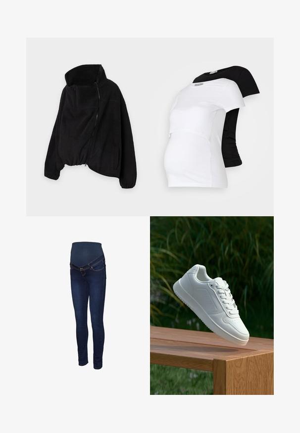 Must lähedane fliisjakk kõrge kaelusega, lukuga ees ja elastse äärisega. Omab rinnataskut ja küljetaskuid. Pehme, tekstuuriga kangas.; Mustvalge rasedust-särgid, lühikesed varrukad, pehme puuvillane materjal, millel on kihiline disain ja kogunenud osa kasvava kõhu jaoks.; Tumesinised rasedate teksad, millel on vöökohal veniv paneel, kitsas lõige ja klassikaline viie taskuga stiil koos kontrastse õmblusega.; Valged sneakerd, millel on sile sünteetiline ülemine osa, väikeste aukudega varvaskast, lamedad paelad ja tekstuuriga tald, eksponeeritud puidust pinnal.