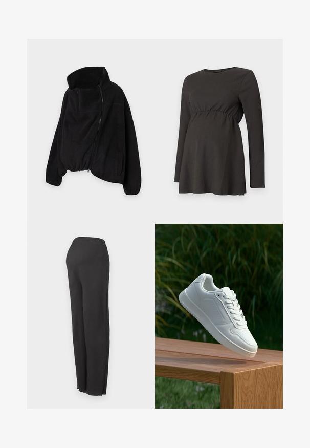 Černá fleecová bunda s vysokým límcem, zipovým předním zapínáním a elastickým lemem. Obsahuje náprsní kapsu a boční kapsy. Měkká, strukturovaná tkanina.; Černý těhotenský top s dlouhým rukávem, s nařaseným pasem a mírným rozšířením pod prsy, vyrobený z texturované látky.; Černé kalhoty s vysokým pasem a elastickým páskem, rovného střihu, zobrazené na bílém pozadí.; Bílé tenisky s hladkým syntetickým svrškem, perforovanou špičkou, plochými tkaničkami a texturovanou podrážkou, vystavené na dřevěném povrchu.