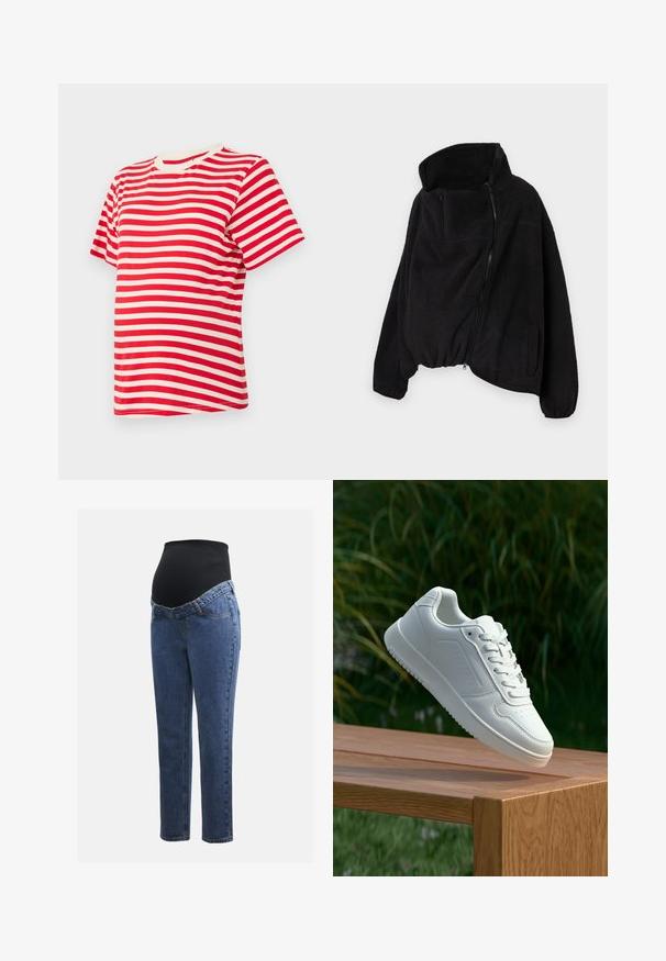 Svart fleecejacka med hög krage, dragkedja fram och elastisk nederkant. Har en bröstficka och sidofickor. Mjukt, texturerat tyg.; Randig kortärmad t-shirt i röd och vit färg, tillverkad av mjuk bomull. Har en rund halsringning och en avslappnad passform.; Gravidjeans med ben i blå denim och en svart stretchig bukpanel som är designad för att stödja och täcka en växande mage.; Vita sneakers med en slät syntetisk ovandel, perforerat tåparti, platta snören och en strukturerad sula, placerade på en träyta.