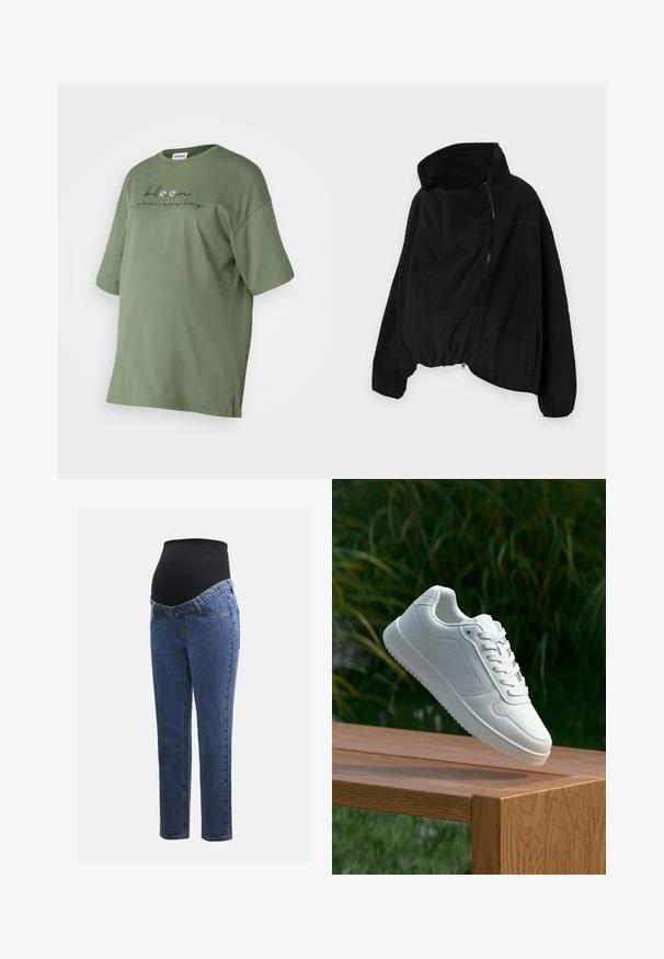 Svart fleecejakke med høy krage, glidelås foran og elastisk nederkant. Har brystlomme og sidelommer. Myk, strukturert stoff.; Olivengrønn overdimensjonert bomull t-skjorte med korte ermer, rund hals, sideåpninger og trykket tekst med blomstermotiver på forsiden.; Graviditetsjeans med ben i blå denim og et svart elastisk magepanel designet for å støtte og dekke en voksende buk.; Hvite sneakers med en glatt syntetisk overdel, perforert tåboks, flate snørebånd og en teksturert såle, vist på en treflate.