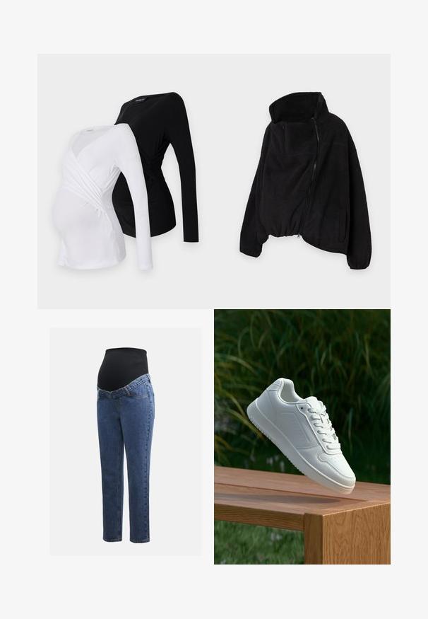 Svart fleecejakke med høy krage, glidelås foran og elastisk nederkant. Har brystlomme og sidelommer. Myk, strukturert stoff.; To langermede gravide topper i hvit og svart. Har en crossover-design, mykt stoff og buet nederkant for en behagelig passform.; Graviditetsjeans med ben i blå denim og et svart elastisk magepanel designet for å støtte og dekke en voksende buk.; Hvite sneakers med en glatt syntetisk overdel, perforert tåboks, flate snørebånd og en teksturert såle, vist på en treflate.