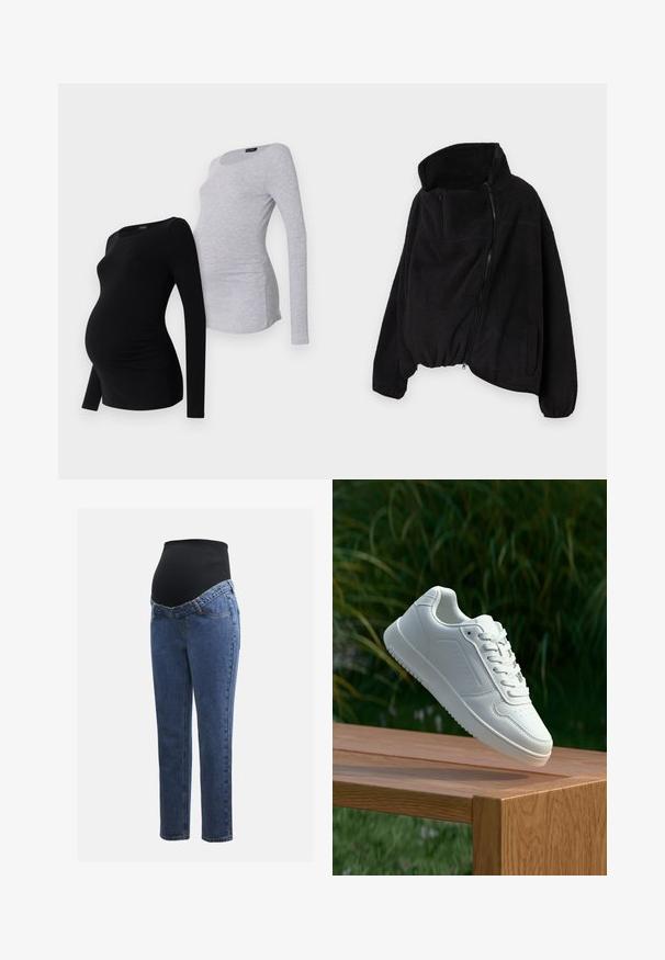 Svart fleecejakke med høy krage, glidelås foran og elastisk nederkant. Har brystlomme og sidelommer. Myk, strukturert stoff.; To lange erm sleeves gravide topper: en svart med samlet sidedele, og en lys grå, begge i myk, elastisk stoff.; Graviditetsjeans med ben i blå denim og et svart elastisk magepanel designet for å støtte og dekke en voksende buk.; Hvite sneakers med en glatt syntetisk overdel, perforert tåboks, flate snørebånd og en teksturert såle, vist på en treflate.