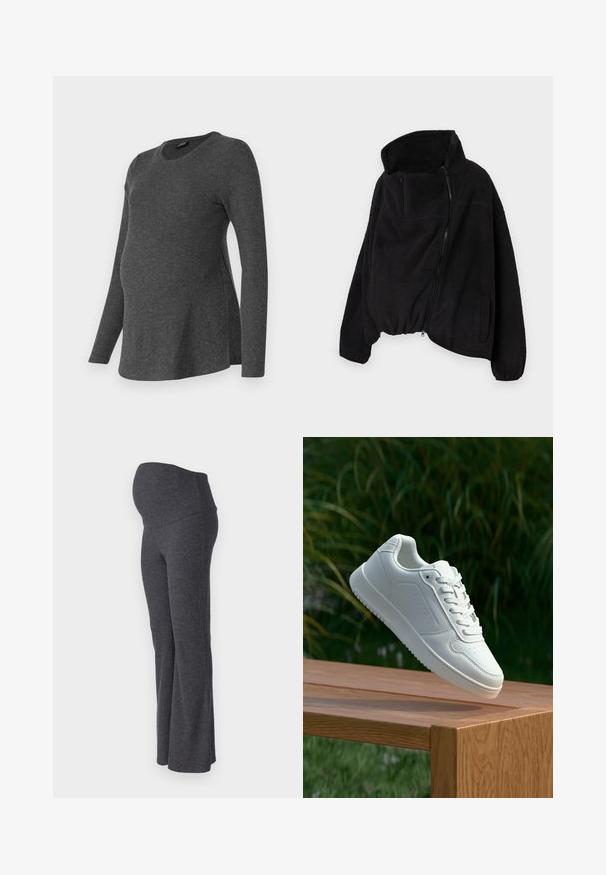 Crna flis jakna s visokim ovratnikom, prednjim patentnim zatvaračem i elastičnom donjom rubom. Ima džep na prsima i bočne džepove. Mekana, teksturirana tkanina.; Dugmad dugih rukava za trudnice u tamnosivoj rebrastoj pletenini, s okruglim izrezom i bočnim prorezima za dodatnu udobnost i prilagodbu.; ONLY MATERNITY OLMHALLE - Hlače - dark grey; Bijela tenisica sa glatkim sintetičkim gornjim dijelom, perforiranim prednjim dijelom, ravnim vezicama i teksturiranom potplatom, prikazana na drvenoj površini.