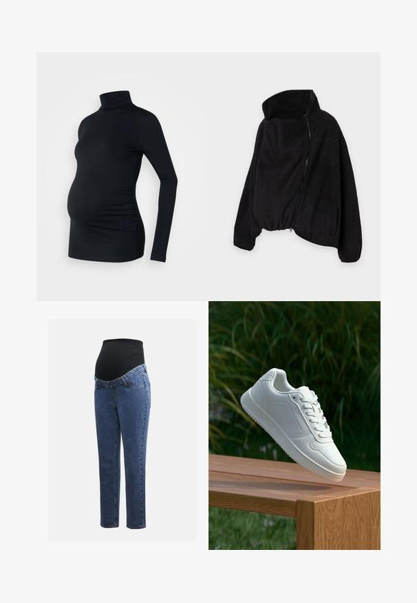 Svart fleecejakke med høy krage, glidelås foran og elastisk nederkant. Har brystlomme og sidelommer. Myk, strukturert stoff.; Svart langermet genser med høy hals laget av elastisk stoff, designet for å tilpasse seg en gravid mage, med sidene som har ruching-detaljer.; Graviditetsjeans med ben i blå denim og et svart elastisk magepanel designet for å støtte og dekke en voksende buk.; Hvite sneakers med en glatt syntetisk overdel, perforert tåboks, flate snørebånd og en teksturert såle, vist på en treflate.