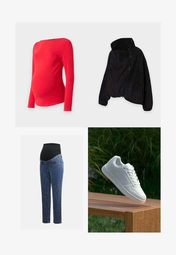 Svart fleecejakke med høy krage, glidelås foran og elastisk nederkant. Har brystlomme og sidelommer. Myk, strukturert stoff.; Rød langermet graviditetstopp med rund hals. Laget av et mykt, elastisk stoff, designet for å romme en voksende mage.; Graviditetsjeans med ben i blå denim og et svart elastisk magepanel designet for å støtte og dekke en voksende buk.; Hvite sneakers med en glatt syntetisk overdel, perforert tåboks, flate snørebånd og en teksturert såle, vist på en treflate.