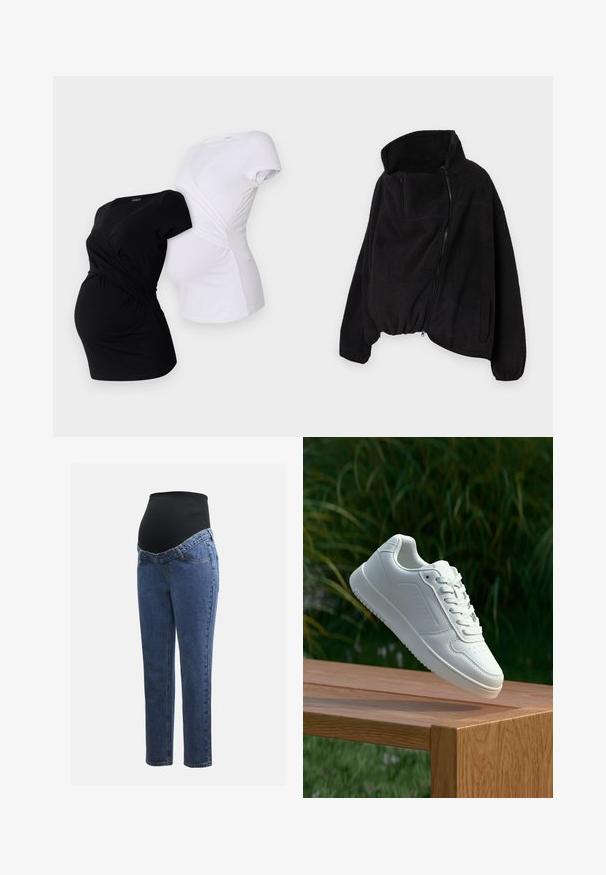 Crna flis jakna s visokim ovratnikom, prednjim patentnim zatvaračem i elastičnom donjom rubom. Ima džep na prsima i bočne džepove. Mekana, teksturirana tkanina.; Dva majice za trudnice, jedna crna i jedna bijela, s preklopnim dizajnom i kratkim rukavima te nabranim detaljima sa strane.; Trudnice traperice s plavim traper nogavicama i crnim rastezljivim trbuh panelom dizajnirane za podršku i prekrivanje rastoće trbuščića.; Bijela tenisica sa glatkim sintetičkim gornjim dijelom, perforiranim prednjim dijelom, ravnim vezicama i teksturiranom potplatom, prikazana na drvenoj površini.