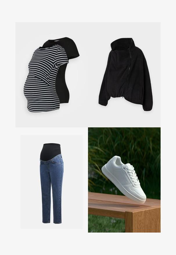 Melnā vilnas jaka ar augstu apkakli, ar rāvējslēdzēja priekšpusi un elastīgu apakšmalu. Iekļautas krūšu kabata un sānu kabatas. Mīksts, teksturēts audums.; Divas grūtniecēm paredzētas T-kreklas: viens melns, otrs melnbalts ar svītrām. Abiem ir īsas piedurknes un izliekts apakšmalas dizains, kas nodrošina komfortu grūtniecības laikā.; Māmiņu džinsi ar zilu denima kājām un melnu elastīgu vēdera paneli, kas izstrādāts, lai atbalstītu un nosegtu augošu vēderu.; Baltie sporta apavi ar gludu sintētisku augšpusi, perforētu pirkstu daļu, plakani šņorēm un rakstainu zoli, novietoti uz koka virsmas.