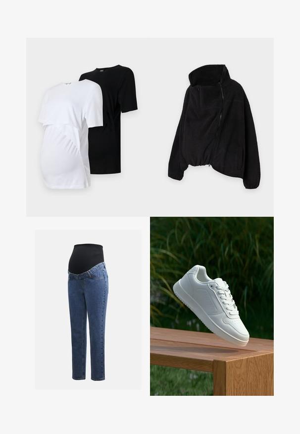 Črna flis jakna z visokim ovratnikom, zadrgo spredaj in elastičnim robom. Ima žep na prsih in stranske žepe. Mehka, teksturirana tkanina.; Dve majice za nosečnice: ena bela in ena črna. Vsaka ima kratke rokave, okroglo ovratnico in nabran stranski detajl za udobje.; Maternitetaške hlače z modrimi denim hlačnicami in črnim raztegljivim trebušnim panelom, zasnovane za podporo in pokrivanje rastočega trebuha.; Bela teniska s gladkim sintetičnim zgornjim delom, perforiranim prednjim delom, ravnimi vezalkami in teksturiranim podplatom, prikazana na leseni površini.