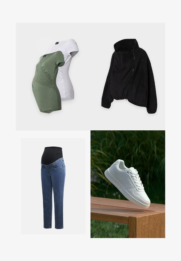 Svart fleecejakke med høy krage, glidelås foran og elastisk nederkant. Har brystlomme og sidelommer. Myk, strukturert stoff.; Graviditets-T-skjorter i olivengrønn og lysegrå. Begge har korte ermer, omslagsdesign og samlesøm detaljer på sidene.; Graviditetsjeans med ben i blå denim og et svart elastisk magepanel designet for å støtte og dekke en voksende buk.; Hvite sneakers med en glatt syntetisk overdel, perforert tåboks, flate snørebånd og en teksturert såle, vist på en treflate.