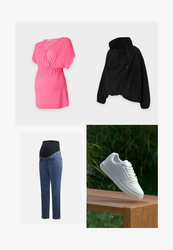 Must lähedane fliisjakk kõrge kaelusega, lukuga ees ja elastse äärisega. Omab rinnataskut ja küljetaskuid. Pehme, tekstuuriga kangas.; Roosa rasedusbluus, mis on valmistatud pehmest kangast, oma V-kaeluse ristumise disainiga, lühikeste varrukatega ja elastse vöökohtaga mugavuse tagamiseks.; Rasedusjeansid sinise denimi jalgadega ja musta veniva kõhuplaadiga, mis on mõeldud toetama ja katma kasvavat kõhtu.; Valged sneakerd, millel on sile sünteetiline ülemine osa, väikeste aukudega varvaskast, lamedad paelad ja tekstuuriga tald, eksponeeritud puidust pinnal.