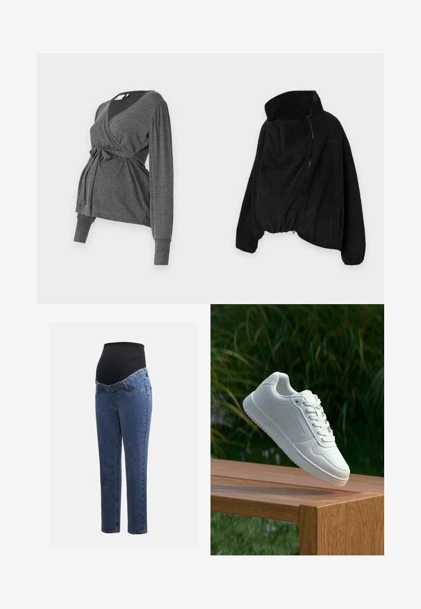 Črna flis jakna z visokim ovratnikom, zadrgo spredaj in elastičnim robom. Ima žep na prsih in stranske žepe. Mehka, teksturirana tkanina.; Siva, dolg rokav zavit vrh iz mehkega materiala, z v-izrezom in zavezanim pasom. Rokavi imajo rahlo napihnjen detajl.; Maternitetaške hlače z modrimi denim hlačnicami in črnim raztegljivim trebušnim panelom, zasnovane za podporo in pokrivanje rastočega trebuha.; Bela teniska s gladkim sintetičnim zgornjim delom, perforiranim prednjim delom, ravnimi vezalkami in teksturiranim podplatom, prikazana na leseni površini.