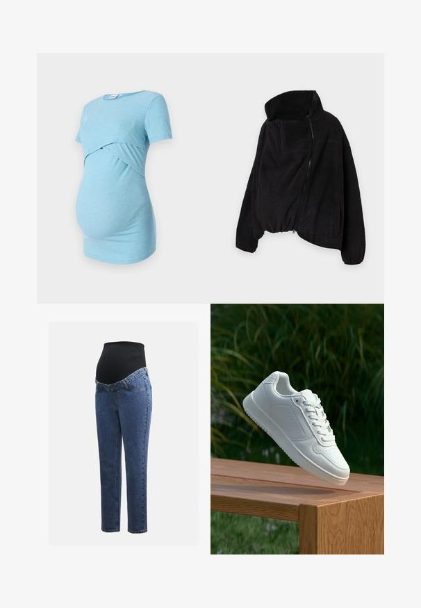 Giacca in pile nera con colletto alto, chiusura frontale con zip e orlo elastico. Dotata di una tasca sul petto e tasche laterali. Tessuto morbido e testurizzato.; Maglietta maternità ribbed di colore azzurro chiaro con maniche corte e design incrociato in vita, progettata per comfort e elasticità.; Jeans premaman con gambe in denim blu e un pannello addominale elastico nero progettato per sostenere e coprire una pancia in crescita.; Sneaker bianco con tomaia in sintetico liscio, punta perforata, lacci piatti e suola testurizzata, esposto su una superficie di legno.