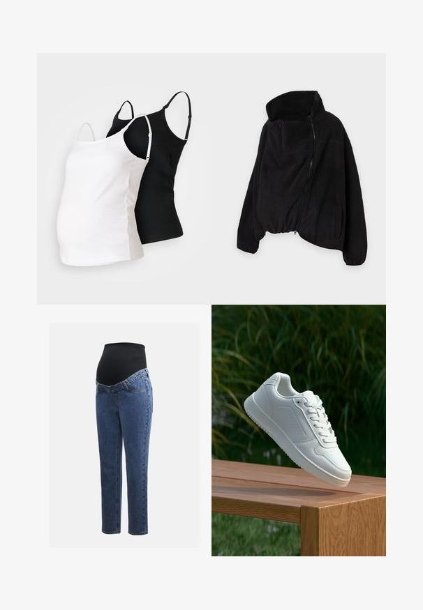 Svart fleecejakke med høy krage, glidelås foran og elastisk nederkant. Har brystlomme og sidelommer. Myk, strukturert stoff.; To graviditetstopp i svart og hvit, laget av myk fabric, med justerbare stropper og en tettsittende design for å imøtekomme en voksende mage.; Graviditetsjeans med ben i blå denim og et svart elastisk magepanel designet for å støtte og dekke en voksende buk.; Hvite sneakers med en glatt syntetisk overdel, perforert tåboks, flate snørebånd og en teksturert såle, vist på en treflate.