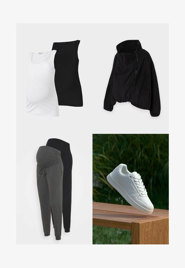 Zwarte fleecejas met een hoge kraag, ritssluiting aan de voorkant en elastische zoom. Beschikt over een borstzak en zijzakken. Zacht, gestructureerd materiaal.; Witte en zwarte geribbelde mouwloze zwangerschaps tanktops met een ronde hals, weergegeven op een effen achtergrond.; Zwangerschapsjoggers in grijs en zwart. Zachte, rekbare stof met een verstelbare tailleband, met een taps toelopende pijp en enkelsmanchetten.; Witte sneaker met een gladde synthetische bovenkant, geperforeerde neus, platte veters en een gestructureerde zool, tentoongesteld op een houten oppervlak.