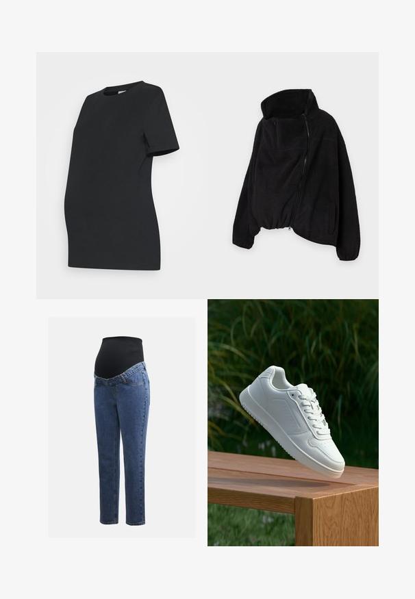 Mustat fleece-takki, jossa on korkea kaulus, vetoketjulla varustettu etuosa ja joustava helma. Sisältää rintataskun ja sivutaskut. Pehmeä, teksturoitu kangas.; Musta äitiystunika pehmeästä puuvillasta. Lyhyet hihat, pyöreä kaula-aukko ja vartalonmyötäinen muotoilu, joka mukautuu kasvavaan vatsaan.; Äitiysfarkut, joissa on siniset denimlahkeet ja musta joustava vatsapaneeli, joka on suunniteltu tukemaan ja peittämään kasvavaa vatsaa.; Valkoiset tennarit, joissa on sileä synteettinen päällinen, rei'itetty varvasosa, litteät nauhat ja teksturoitu pohja, esillä puupinnalla.