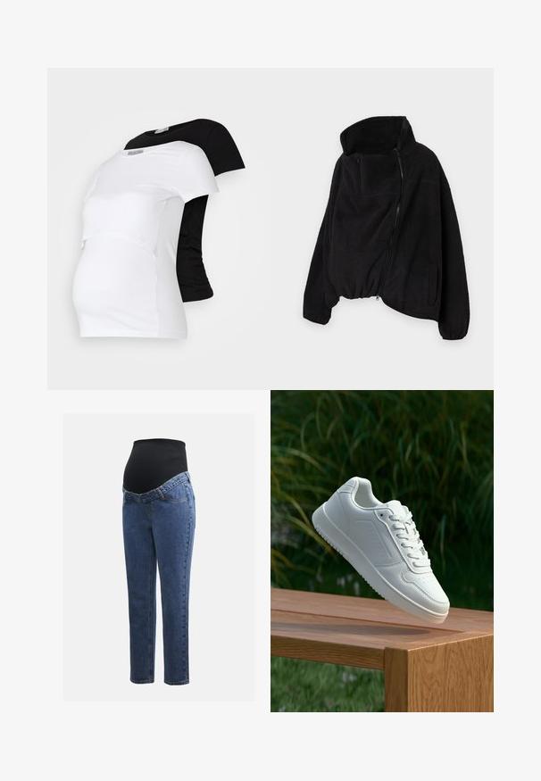 Svart fleecejakke med høy krage, glidelås foran og elastisk nederkant. Har brystlomme og sidelommer. Myk, strukturert stoff.; Svarte og hvite graviditet t-skjorter med kort erm, laget av mykt bomullsmateriale, med et lagdelt design og en sammenrullet del for en voksende mage.; Graviditetsjeans med ben i blå denim og et svart elastisk magepanel designet for å støtte og dekke en voksende buk.; Hvite sneakers med en glatt syntetisk overdel, perforert tåboks, flate snørebånd og en teksturert såle, vist på en treflate.