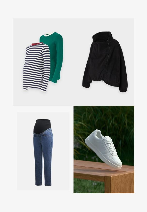Fekete fleece dzseki magas gallérral, cipzáros elejével és rugalmas aljával. Tartalmaz egy melltáskát és oldalsó zsebeket. Puha, texturált anyag.; Két hosszúujjú ing: az egyik egyszínű zöld, a másik navy kék és fehér csíkos, piros nyakkivágással. Mindkettő puha anyagból készült.; Kismamaruhák kék farmer lábakkal és fekete rugalmas haspanellel, amely a növekvő pocakot támogatja és fedi.; Fehér sportcipő sima szintetikus felsőrésszel, perforált lábujjrész, lapos fűzőkkel és texturált talppal, fából készült felületen kihelyezve.
