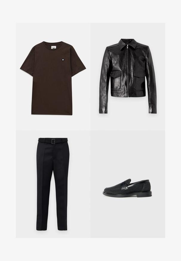 Μαύρο δερμάτινο μπουφάν με μύτη γιακά, μπροστινό φερμουάρ και δύο πλαϊνές τσέπες. Λείο υφή με εφαρμοστό σχέδιο και κομψές λεπτομέρειες.; Σκούρο καφέ κοντομάνικο μπλουζάκι με στρογγυλή λαιμόκοψη και ένα μικρό μαύρο και άσπρο λογότυπο ψηλά αριστερά στο στήθος.; Μαύροι καλοραμμένοι παν trousers με λεία υφή, ίσια γραμμή και ζώνη με ορθογώνια πόρπη. Οι επισημασμένες πιέτες μπροστά ενισχύουν το σχέδιο.; Μαύρο πλεκτό παπούτσι slip-on με λείο δερμάτινο στοιχείο στο άνω μέρος, στρογγυλή μύτη και χαμηλό καουτσούκ πάτο.