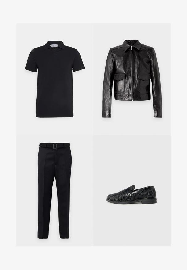 Melnā ādas jaka ar izteiktu apkakli, priekšējo rāvējslēdzēju un divām kabatām. Gluda tekstūra ar pieguļošu dizainu un pielāgotu apdari.; Melna īsām piedurknēm polo krekls ar klasisku apkakli, izgatavots no gludas auduma. Tam ir etiķete ar zīmola nosaukumu 'Filippa K' ap kakla daļu.; Melni piegriezti bikses ar gludu audumu, taisnu piegriezumu un jostu ar taisnleņķa sprādzi. Pamanāmie priekšējie iegriezumi uzlabo dizainu.; Melnas austas slaidu kurpes ar gludu ādas akcentu augšpusē, apaļas formas purngalu un zemas profila gumijas zoli.